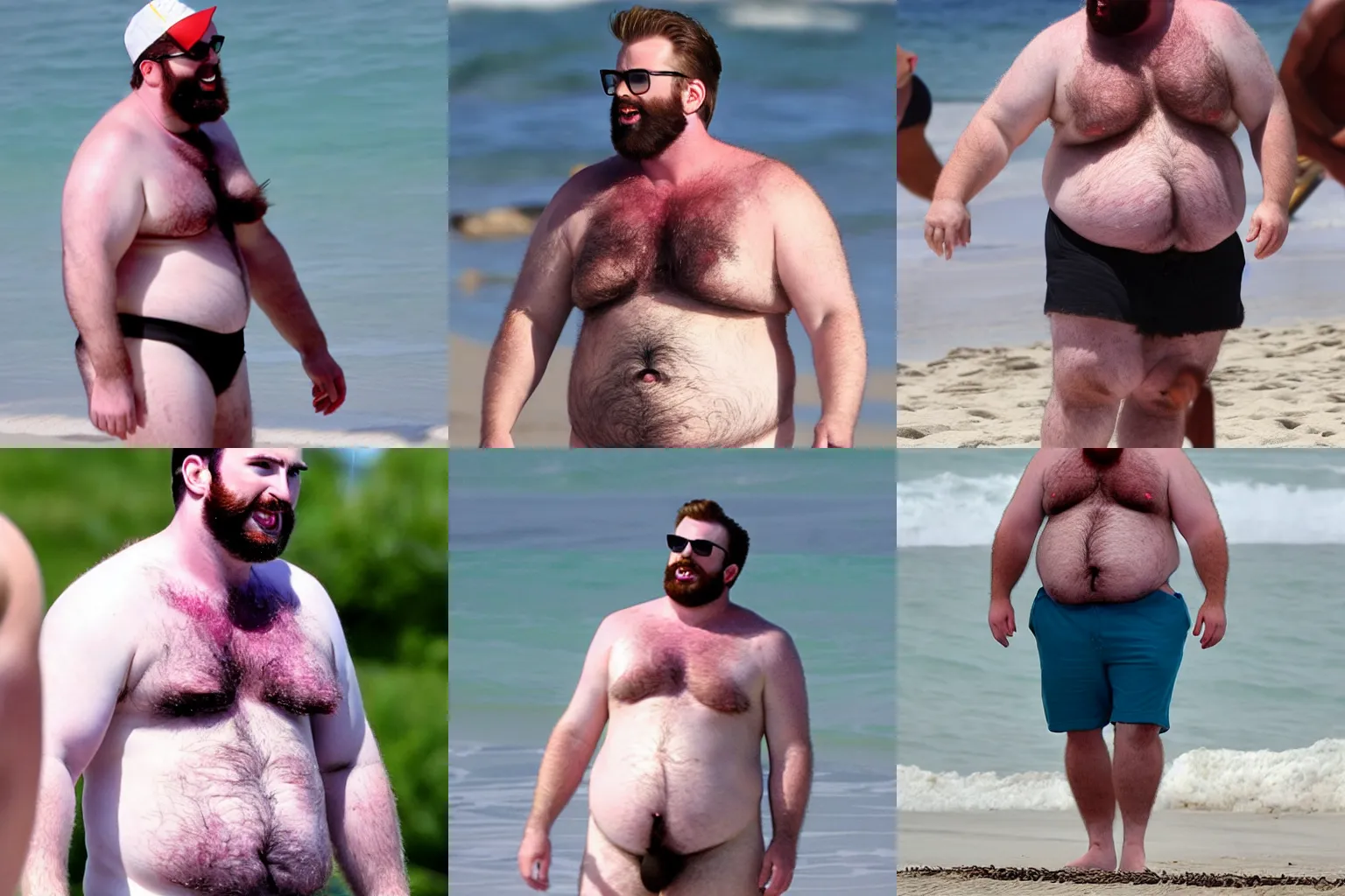 Prompt: fat and hairy chris evans at the beach