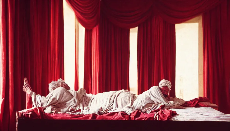 Prompt: movie still of marcus aurelius, skinny, ill, in his bed with red drapery in a ancient room with columns, cinestill 8 0 0 t 3 5 mm, high quality, heavy grain, high detail, cinematic composition, dramatic light, anamorphic, hyperrealistic