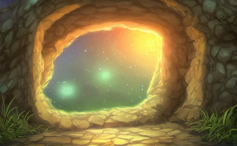 Image similar to a cell - shaded studio ghibli concept art study of a square dimensional portal doorway in egpyt on a misty starry night. water is flowing out of the mouth of the portal. very dull colors, hd, 4 k, hq