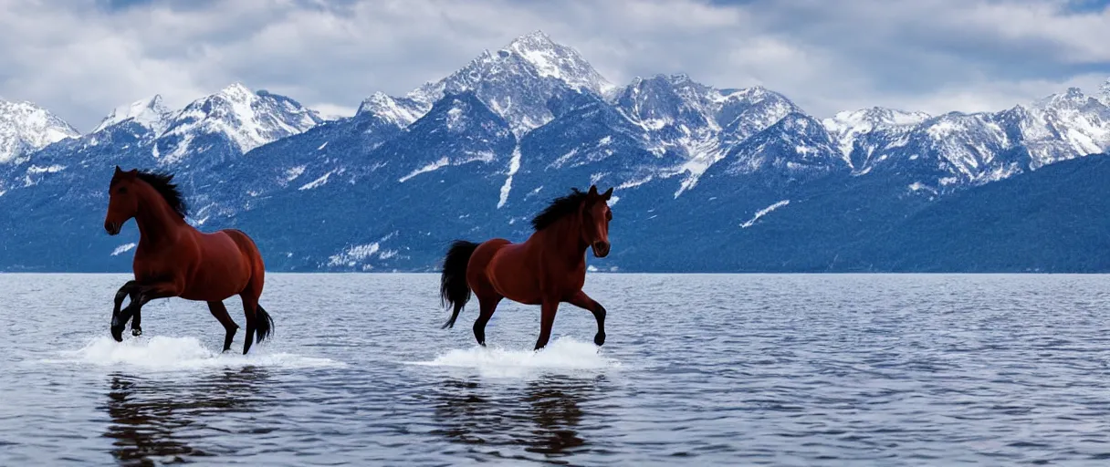 Image similar to horse swiming through large lake, snowed mountains in the background, huge view panoramic, beautiful landscape