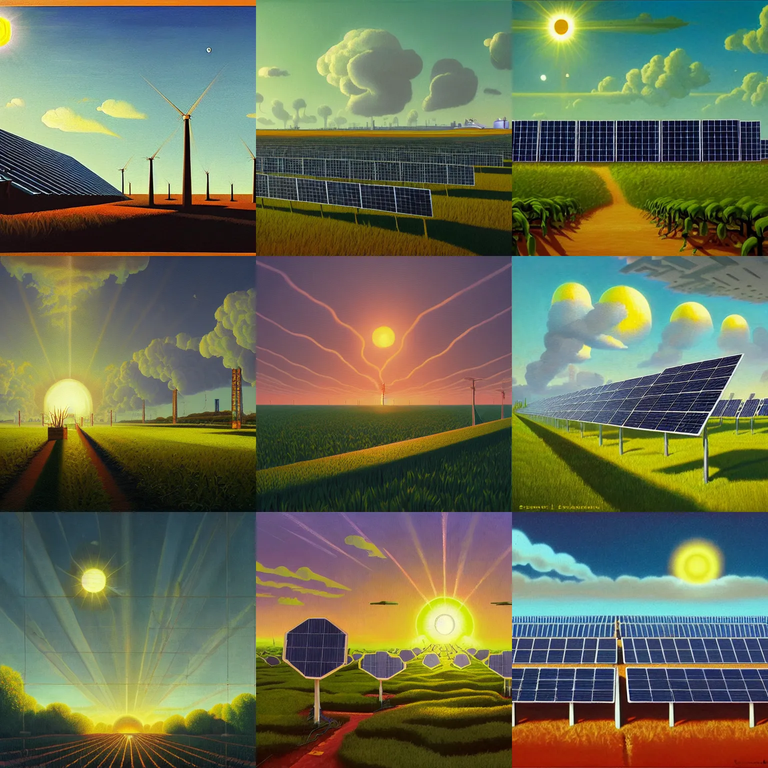 Prompt: A solar panel power plant in a lush island utopia by Simon Stålenhag and Grant Wood, oil on canvas, heavenly rapture