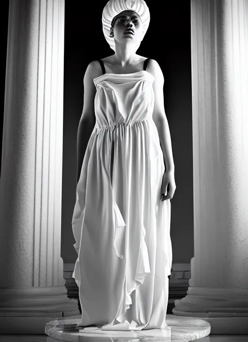 Prompt: a full body portrait of a young woman wearing an billowing dress, inside a white marble temple with colums, in the style of irakli nadar, soft lighting, film photography