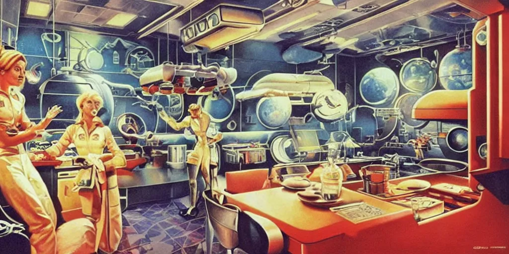 Image similar to soviet retro - futuristic kitchen, space station by drew struzan