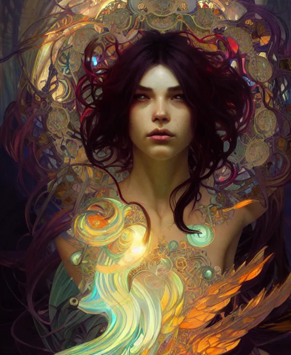 Image similar to a whirlwind of souls ushing inside the metaverse, half body, glowin eyes, d d, fantasy, intricate, elegant, highly detailed, colorful, vivid color, digital painting, artstation, concept art, art by artgerm and greg rutkowski and alphonse mucha and ruan jia