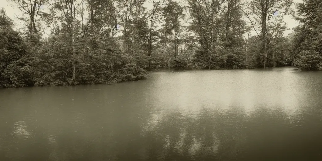 Prompt: centered photograph of a long rope zig zagging across the surface of the water, floating submerged rope stretching out towards the center of the lake, a dark lake on a cloudy day, color film, trees in the background, hyperedetailed photo, anamorphic lens