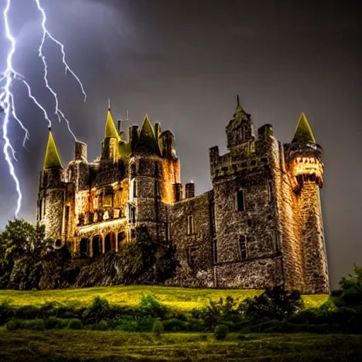 Prompt: a spooky castle on a hill illuminated by a lightning strike