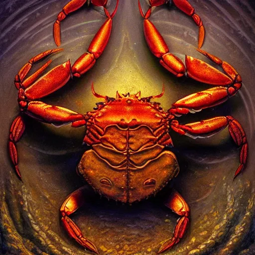 Image similar to photorealistic crab demon in the style of michael whelan and gustave dore. hyperdetailed photorealism, 1 0 8 megapixels, amazing depth, glowing rich colors, powerful imagery, psychedelic overtones, 3 d finalrender, 3 d shading, cinematic lighting, artstation concept art