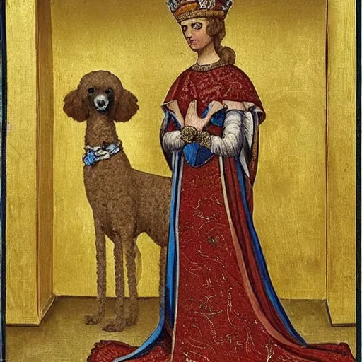 Image similar to a poodle dressed as an italian queen, italo - byzantine, 1 0 0 0 ce