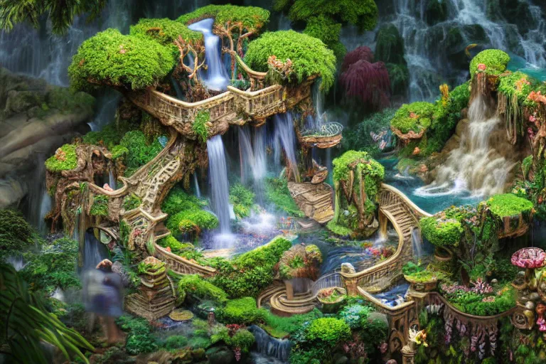 Image similar to isometric view of a fantastical garden with waterfalls and giant trees, by Andrei Riabovitchev, Shaun Tan, Peter Mohrbacher and Takayuki Takeya, ancient ornate intricate, cinematic, realistic, intricate detail, finely detailed, small details, extra detail, photorealistic, high resolution, 3D, PBR, path tracing, volumetric lighting, octane render, arnold render, 8k