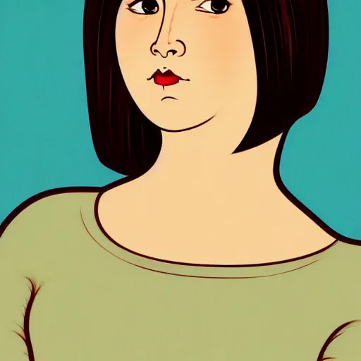 Image similar to chubby brunette woman with straight hair in a short bob, round face, romanian heritage, brown eyes, olive skin, bulbous nose, big chin, wide face, no bangs, digital art, cartoon, 8k, illustration, art nouveau, Alphonse Mucha, trending on artstation, medium shot, head shot