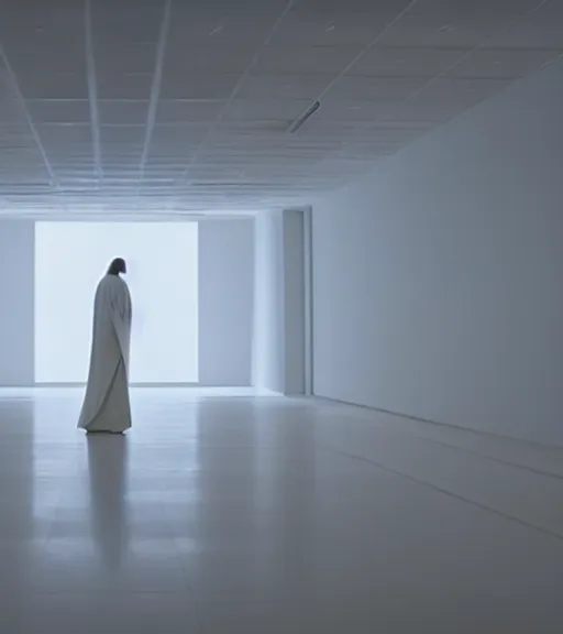 Prompt: Jesus in a white empty room, film still from the movie directed by Denis Villeneuve with art direction by Salvador Dalí, wide lens