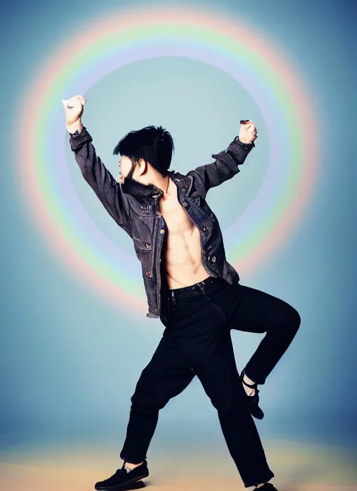 Prompt: japanese man with short hair and a beard wearing short denim and leather clothes dancing next to a rainbow, full body portrait, dynamic lighting