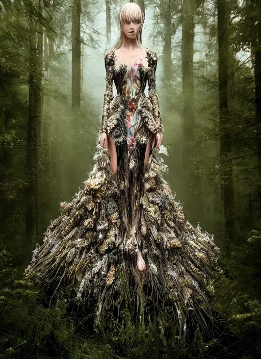 Prompt: a beautiful hyperrealistic ultradetailed 3D, one girl in a magnificent McQueen couture clothes on the background of a futuristic forest, long hair, Designer clothes, futuristic clothes, clothes from the future, biopunk, voge photo, fashion style, fullbody, in full growth, photorealistic, high resolution, trending on artstation, highly detailed, volumetric lighting, elegant, details, good clear quality, volumetric lighting, Tree roots, portrait, moss