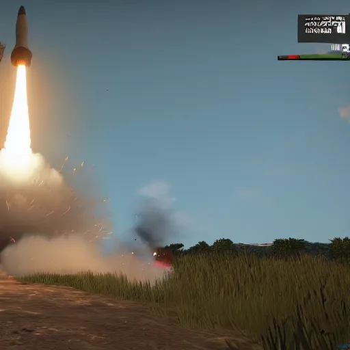 Image similar to arma 3 screenshot, rocket launch, blasting off, rocket smoke