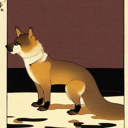 Image similar to Hasui Kawase, black and brown Shiba