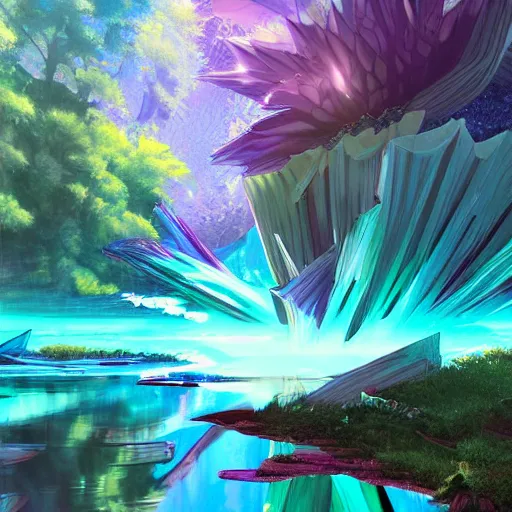 Prompt: a comic book style crystal lotus in an iridescent lake by yusuke murata and makoto shinkai, cel shaded, unreal engine, highly detailed, iridescent, artstation, pixiv, reflective, volumetric lighting, soft glow, vibrant