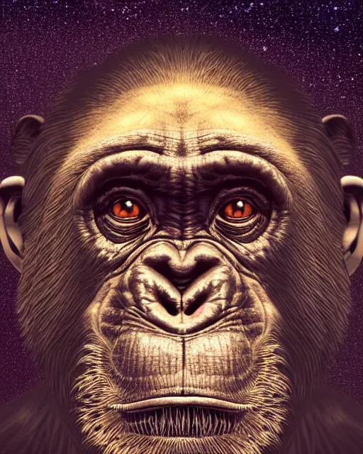 Prompt: very detailed high resolution illustration portrait of a chimpanzee head, backlit, night covered in stars, helmet, 3 d, 8 k, extremely detailed, artstation, award winning