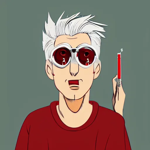 Image similar to young man in red jacket and white shirt, white hair, round goggles, smoking cigarette, character portrait, sharp focus, illustration