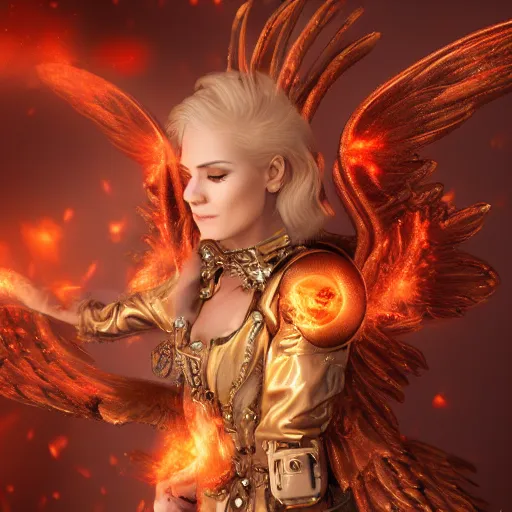 Image similar to pretty blond steampunk seraphim surrounded by lava, 8 k, shallow depth of field, 8 k, ultra high detail, concept art,