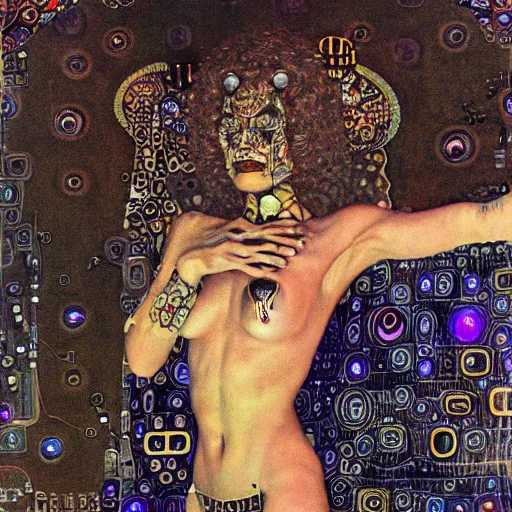 Prompt: depraved cybernetic demon, lsd, circuitry, intricate detail, klimt, frazetta,