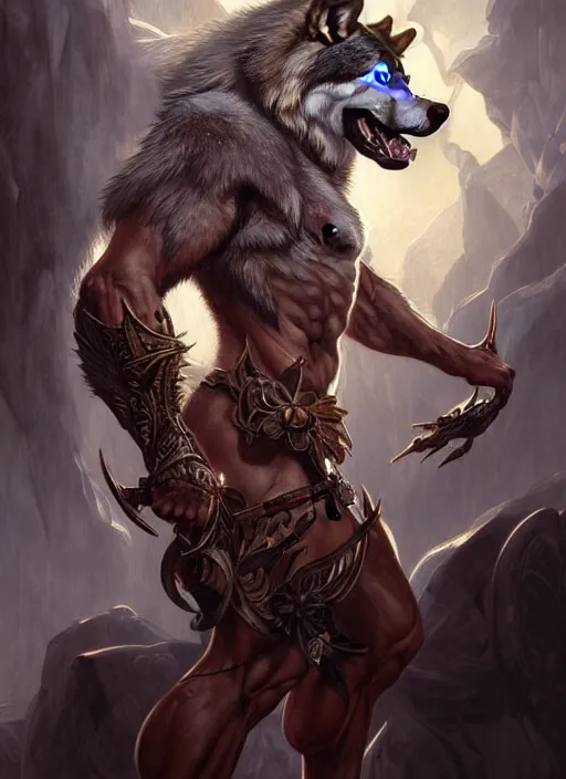 Prompt: portrait of aggressive wolf humanoid, d & d, muscular! fantasy, intricate, elegant, highly detailed, digital painting, artstation, concept art, smooth, sharp focus, illustration, art by artgerm and greg rutkowski and alphonse mucha