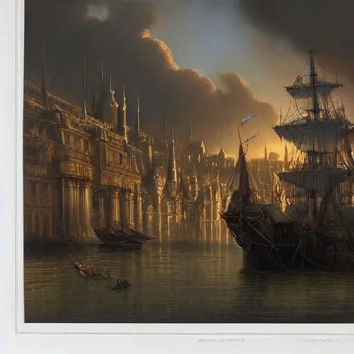 Image similar to by john howe in the usa, chiaroscuro bold. a print of a tall ship sailing through a cityscape. the ship is adorned with intricate details, while the cityscape is filled with towering palaces & other grand buildings.