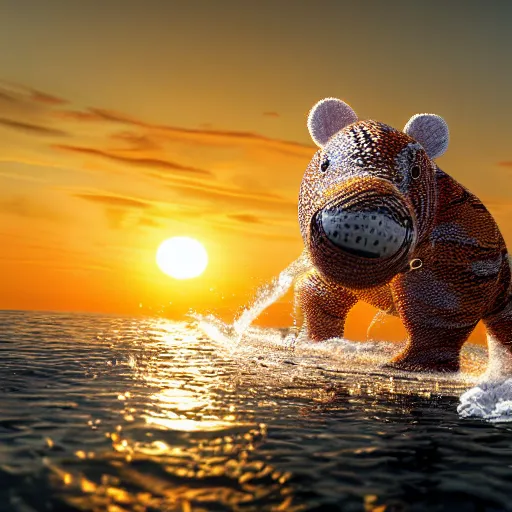 Image similar to a closeup photorealistic photograph of a cute smiling knitted tiger hippopotamus chasing a beachball at sunset. surf in the background. professional capture. this 4 k hd image is trending on artstation, featured on behance, well - rendered, extra crisp, features intricate detail, epic composition and the style of unreal engine.