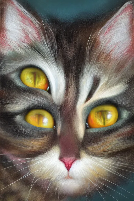 Image similar to Recursive image with a well rounded Calico feline, large eyes, shiny soft fur, anatomically correct, surrounded by matte mirroring swirling wisps of jelly blobs, oil pastels and gold, in the style of albert lynch, modeled in Poser, Redshift render, UHD