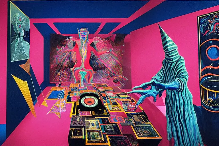 Image similar to a highly detailed beautiful masterpiece painting of a technomancer wizard in dazzle camouflage robes with pointed hood discussing sentience with his synthesized AI djinn hologram in his laboratory near a computer by Remedios Varo and Anato Finnstark and Greg Rutkowski and Andy Warhol and Francis Picabia and Artgerm, dayglo pink, dayglo blue, prismatic, pearlescent white, raven black, glowing, hyperrealism, 8k, trending on ArtStation, maximalist, rendered in Octane, rendered in Unreal engine, award winning, volumetric lighting