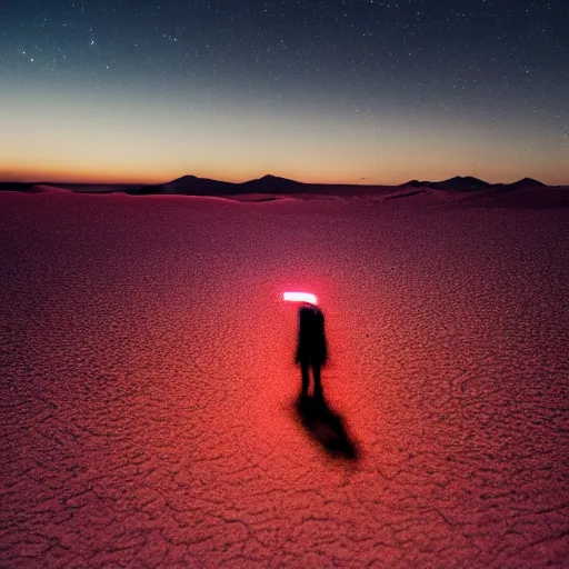 Image similar to a photo of a silhouette of a person in a color lit desert at night