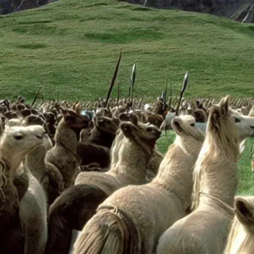 Image similar to still from lord of the rings showing the ride of the rohirrim, riding toward minas tirith on alpacas