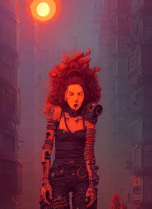 Image similar to highly detailed portrait of wasteland punk long curly fire hair tribal lady, stray wiring by atey ghailan, james gilleard, by joe fenton, by greg rutkowski, by greg tocchini, by kaethe butcher, 4 k resolution, gradient red, orange, black and white color scheme!!! ( ( flaming robotic dystopian city spiral background ) )