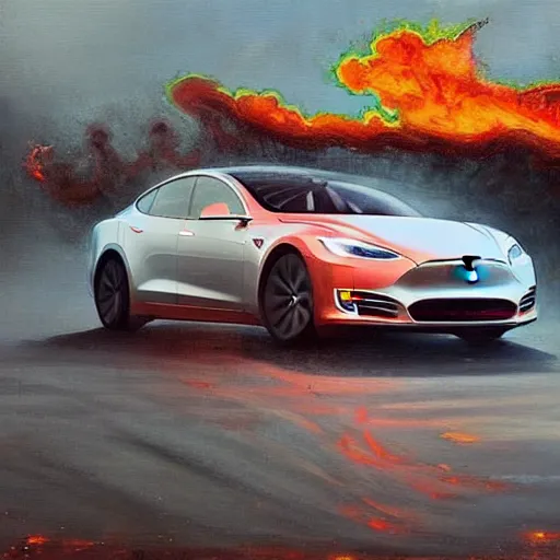 Prompt: a beautiful complex painting of a tesla on fire