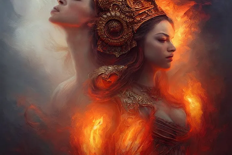 Image similar to Majestic painting of a beautiful young female fire goddess!!, intricate, epic, elegant, menacing, fantasy, highly detailed, digital painting, hard focus, beautiful volumetric lighting, epic light, ultra detailed, souls, smoke, by Leesha Hannigan, Ross Tran, Thierry Doizon, Kai Carpenter, Ignacio Fernández Ríos