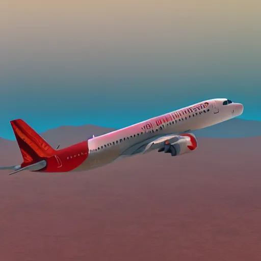 Image similar to A320 plane, Flying in a red planet, Dramatic, Shot on 70mm, Complimentary-Colors, Ray Tracing Global Illumination, Ray Tracing Reflections