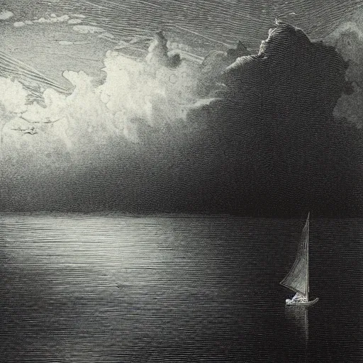 Prompt: sailboat on a lake, gustave dore lithography