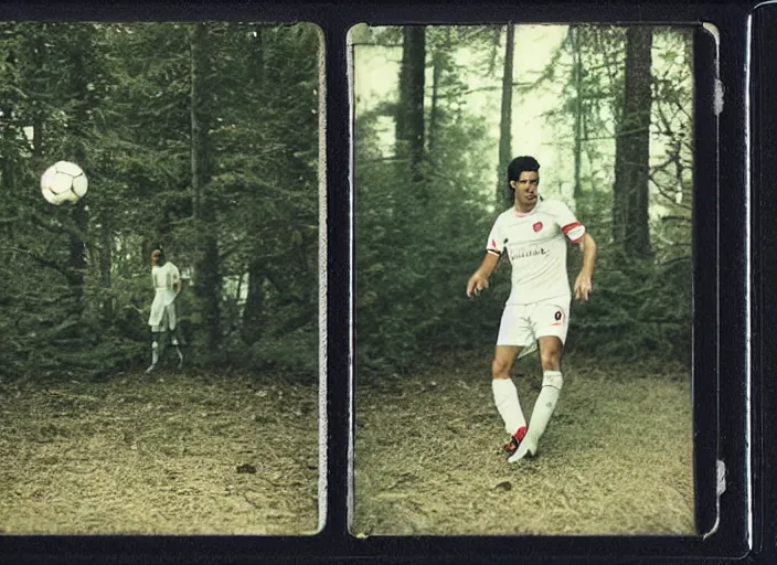 Prompt: medium shot, mikel arteta playing soccer in woods, polaroid photo, vintage, neutral colors, by gregory crewdson