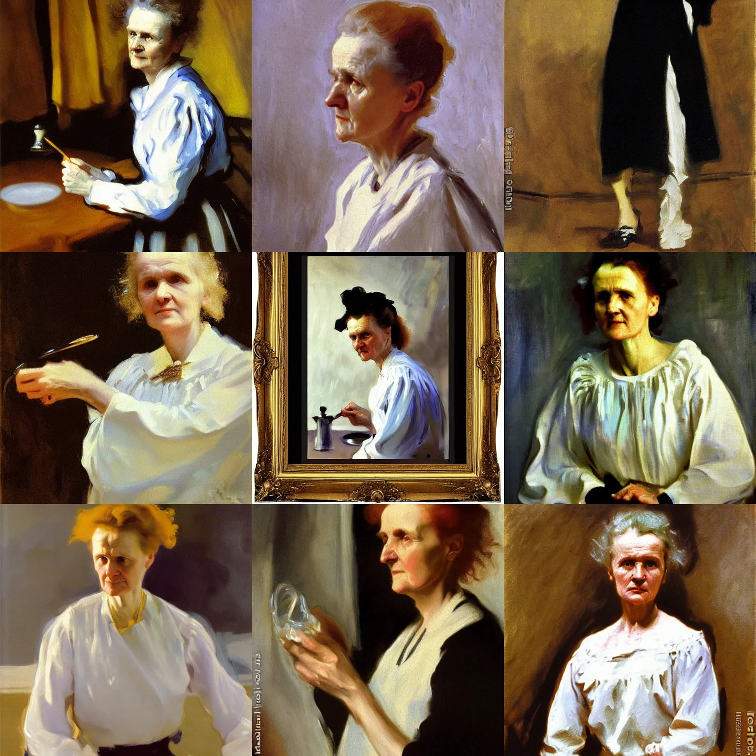 Prompt: marie curie boiling water, john singer sargent, detailed oil on canvas portrait
