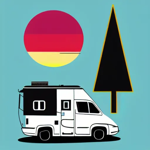 Image similar to minimal vector art sticker of a white and black cute thor chateau! motorhome camper!!, mountains, colorful sunset!!, dramatic, warm happy colors, thick lines, very minimal vector art, sticker!! by tom whalen