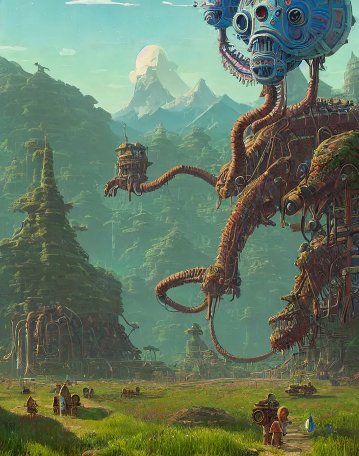 Image similar to #art #hyperreal #intricate simon-stålenhag-dinotopia-botw-studio-ghibli, [32k hd]^10