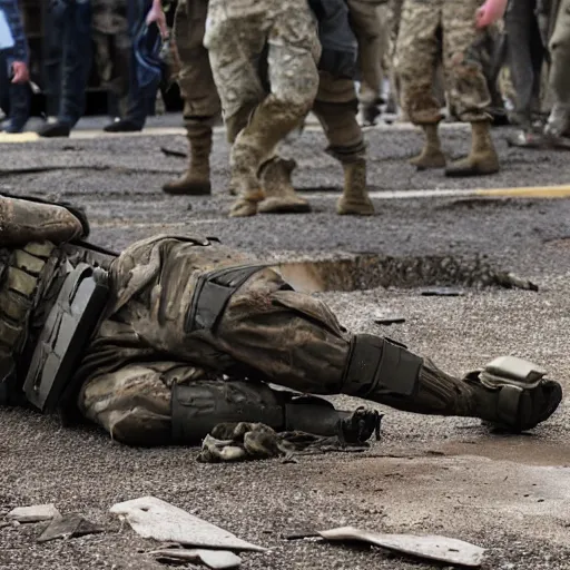 Image similar to Special Forces soldier in grey uniform with black body armor lies dying with a missing leg after stepping on a mine in 2022, photo by Adam Ferguson, Pulitzer Winning, cinematic composition, breathtaking, modern, 2022