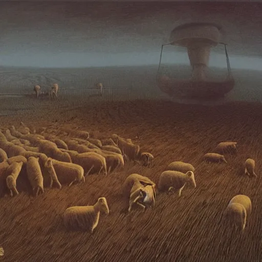 Image similar to dead sheeps in a farm nuclear winter by zdzisław beksinski