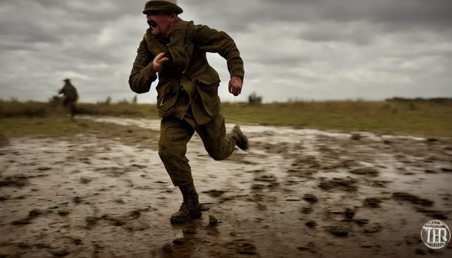 Image similar to screaming World War 1 soldier running away, wartorn landscape, lots of mud puddles and craters, bullets whizzing past camera, dirty lens, cinematic lighting, IMAX close-up of face, cinematography, 35mm