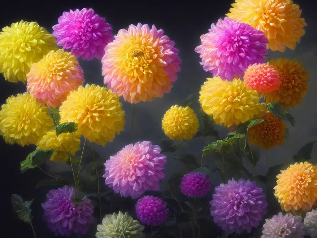 Prompt: Iridescent dahlia, sunlight study, by Rachel Ruysch and Ivan Aivazovsky, 4k