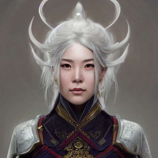 Prompt: female Chinese warrior, elegant, intricate, white hair, headshot, D&D, fantasy, highly detailed, digital painting, artstation, concept art, sharp focus, illustration, art by artgerm and greg rutkowski and alphonse mucha