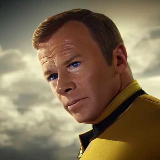 Image similar to photograph of captain j. kirk from star trek in absolute disbelief, shocked. sharp photograph, sharp focus, highly detailed,, detailed face!!, ultra realism, dramatic lighting, zeiss lens, canon eos, detailed skin, dynamic pose, 8 k resolution, hyperrealism, portrait photography