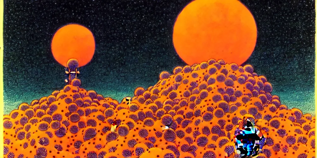 Image similar to risograph rendition of extremely - detailed white huge evangelion - like mech with a lot of orange tiny balls on it, children faces, ominous, intricate complexity, dramatic, epic composition, atmospheric, painting by moebius