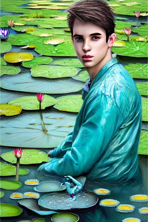 Prompt: light teal portrait of a young man in the rain on pond with waterlilies, fantasy, intricate, elegant, dramatic lighting, emotionally evoking symbolic metaphor, highly detailed, lifelike, photorealistic, digital painting, artstation, concept art, smooth, sharp focus, illustration, art by John Collier and Albert Aublet and Krenz Cushart and Artem Demura and Alphonse Mucha