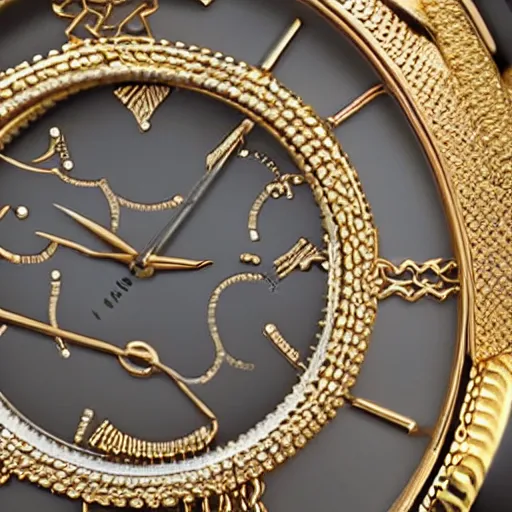 Image similar to close up of a gold wrist watch, intricate, complex, high detail