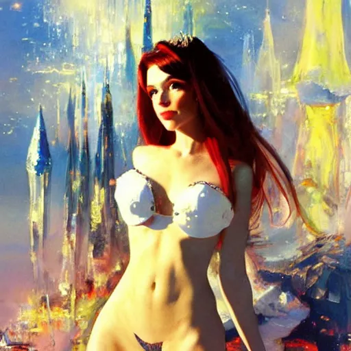 Prompt: amouranth as a tempting princess by john berkey, rule of thirds, seductive look, beautiful, in intergalactic hq
